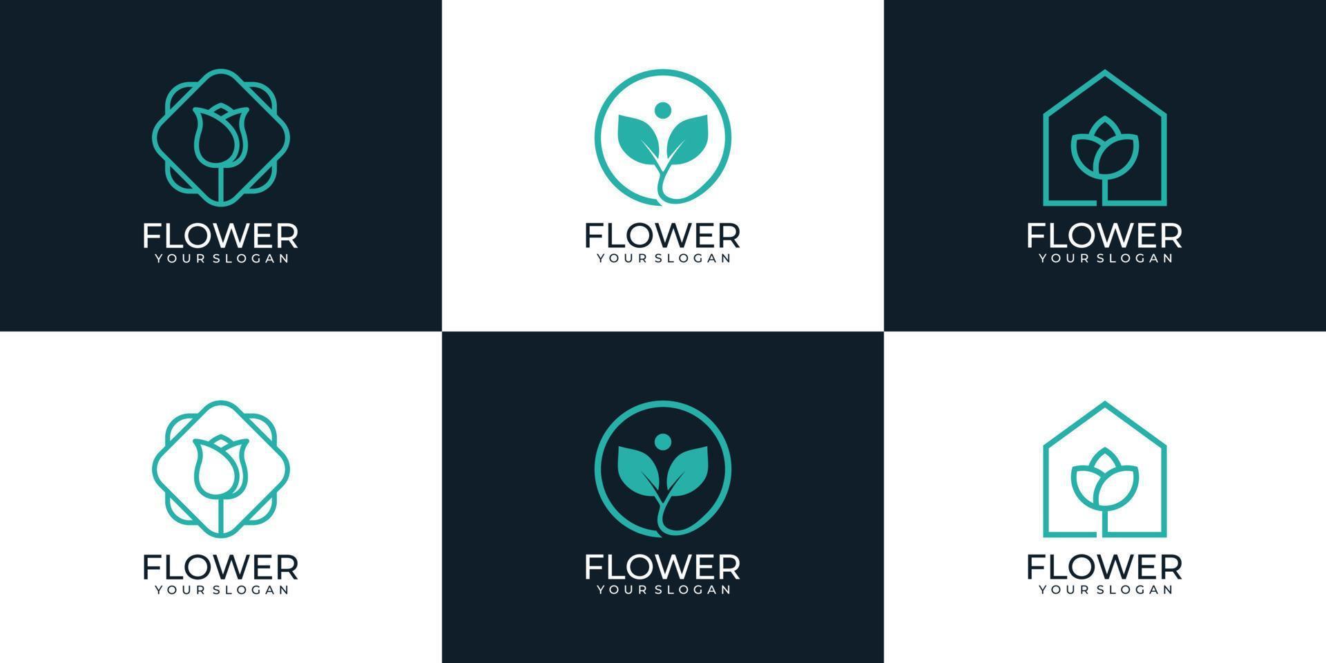 Set of minimal linear beauty flowers logo boutique health wellness inspiration vector