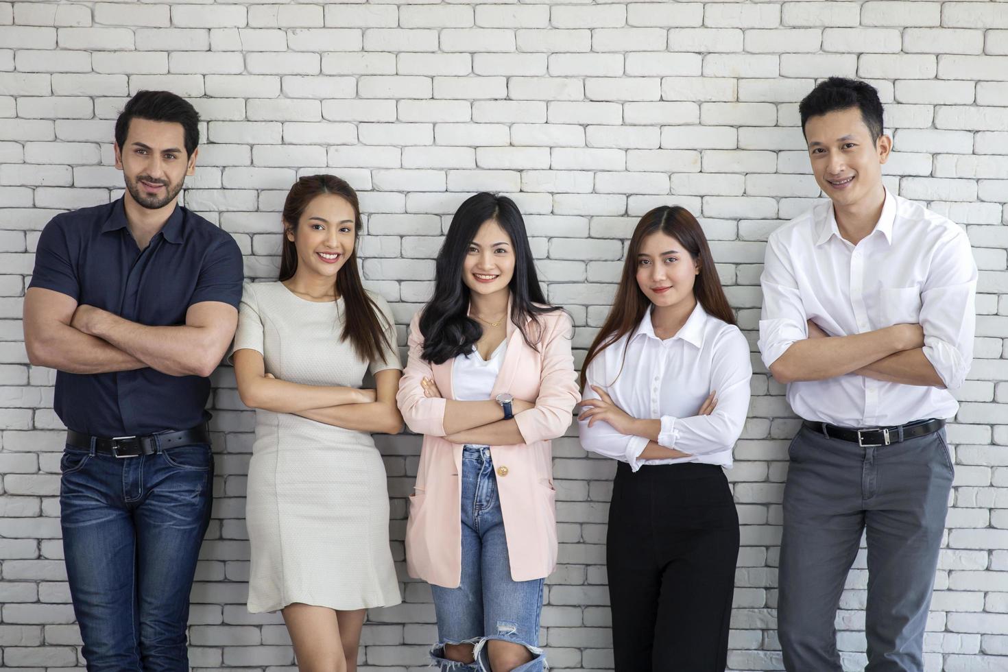 Portrait of successful group of business team in office interior , Partnership teamwork success and winning concept photo