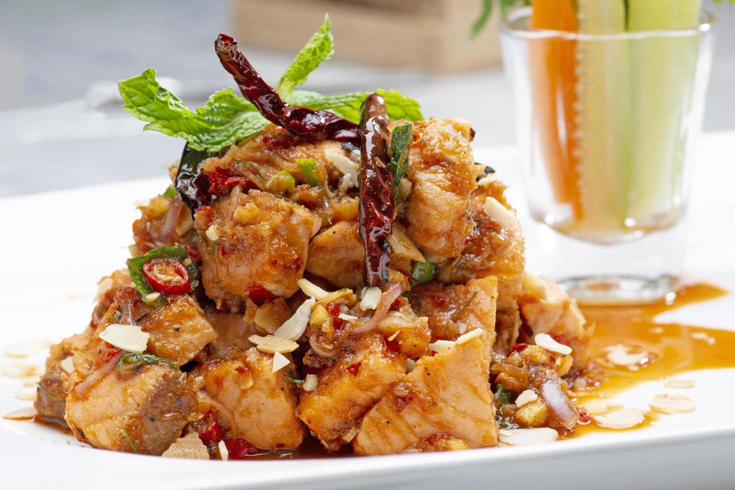 Spicy barbecued fish salad,Thai food, spicy, delicious local flavor.soft focus. photo