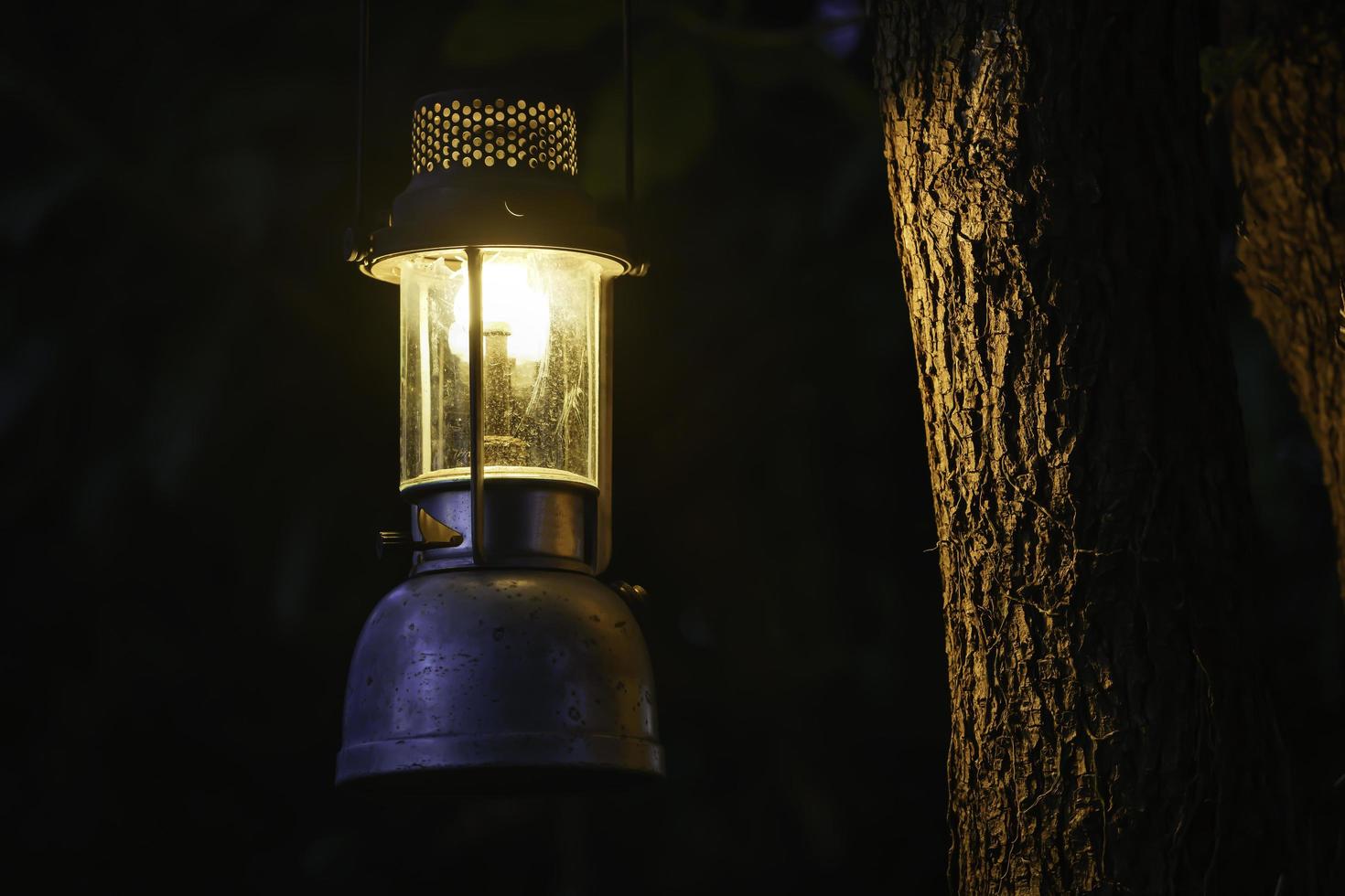 lámpara de aceite antigua colgada de un árbol en el bosque en la atmósfera de campamento de la noche. imagen del concepto de viaje al aire libre. enfoque suave. foto