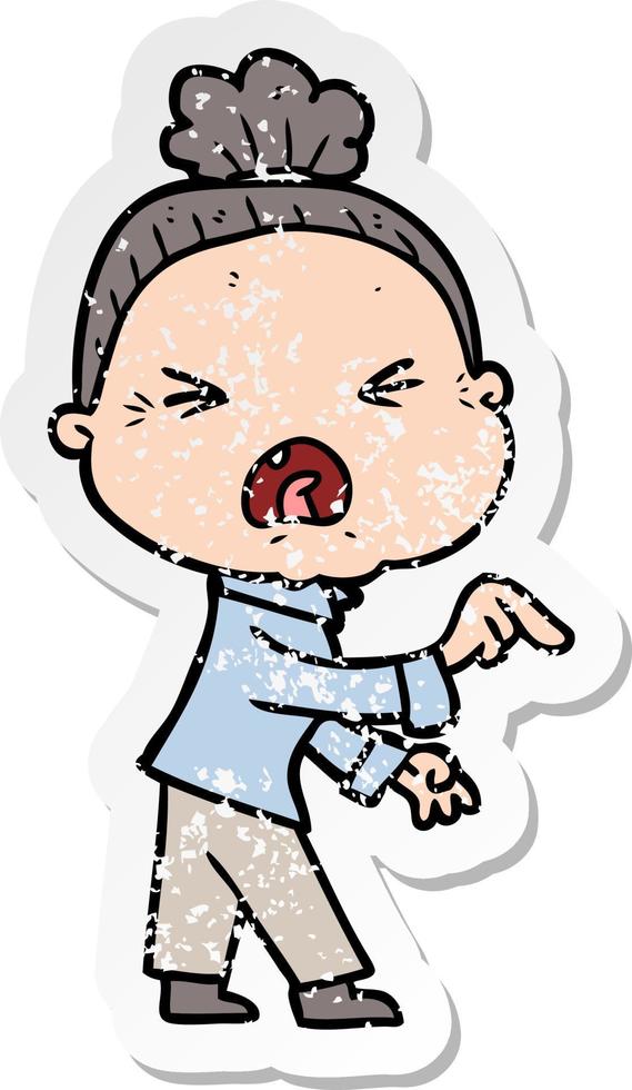 distressed sticker of a cartoon angry old woman vector
