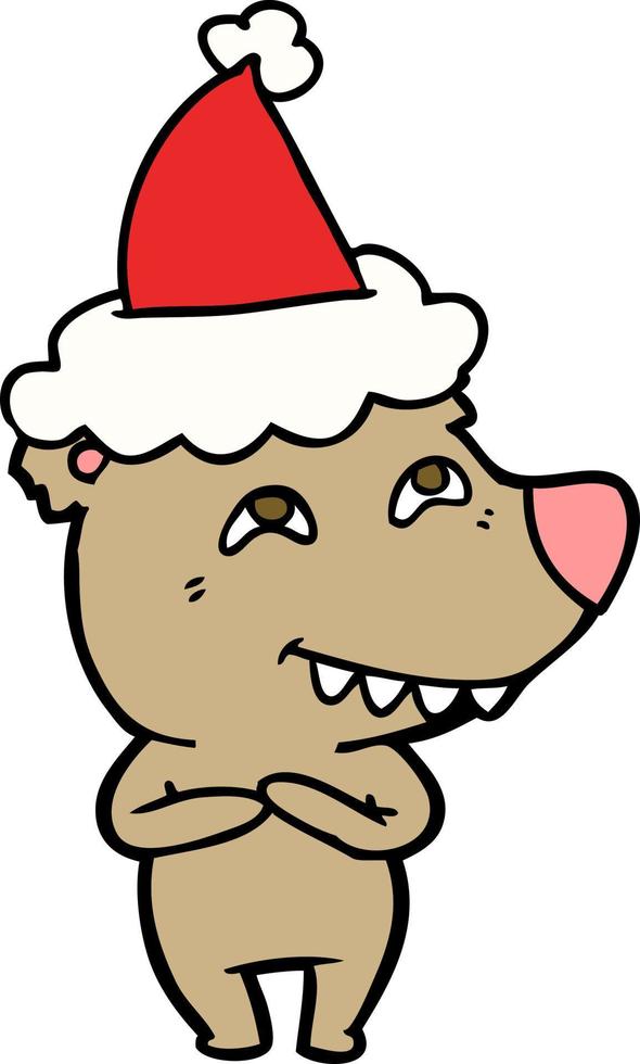 line drawing of a bear showing teeth wearing santa hat vector