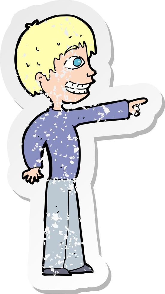 retro distressed sticker of a cartoon grinning boy pointing vector
