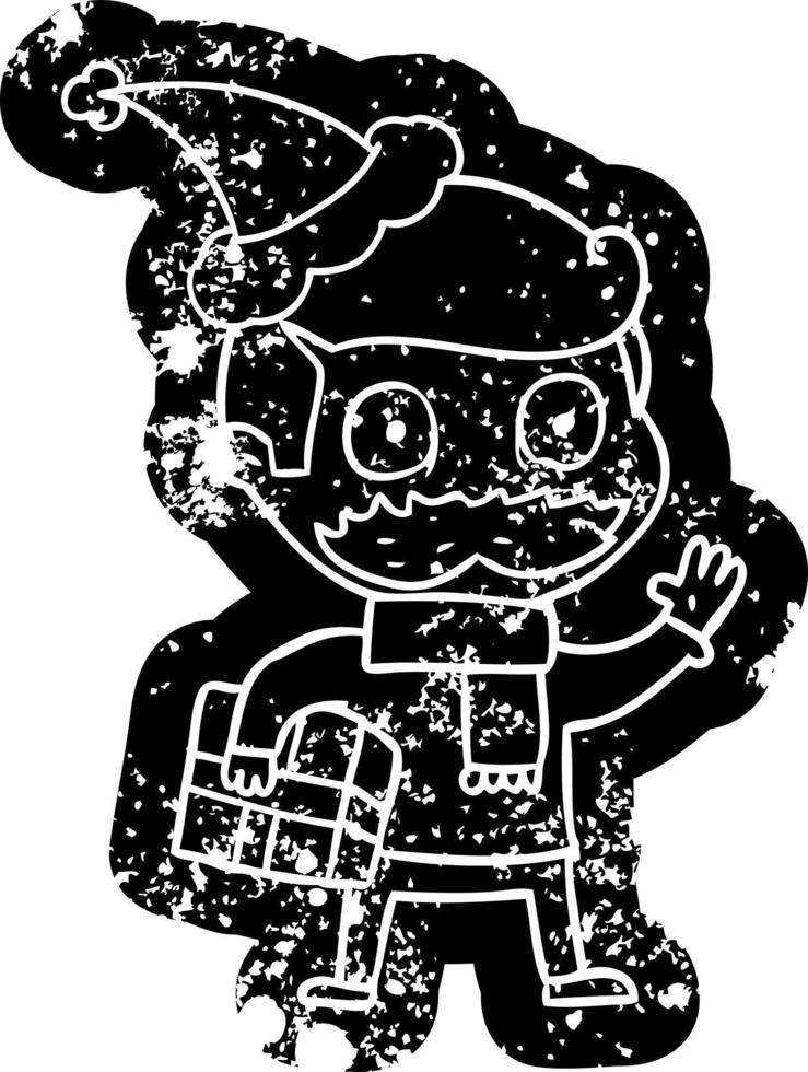cartoon distressed icon of a man with mustache and christmas present wearing santa hat vector