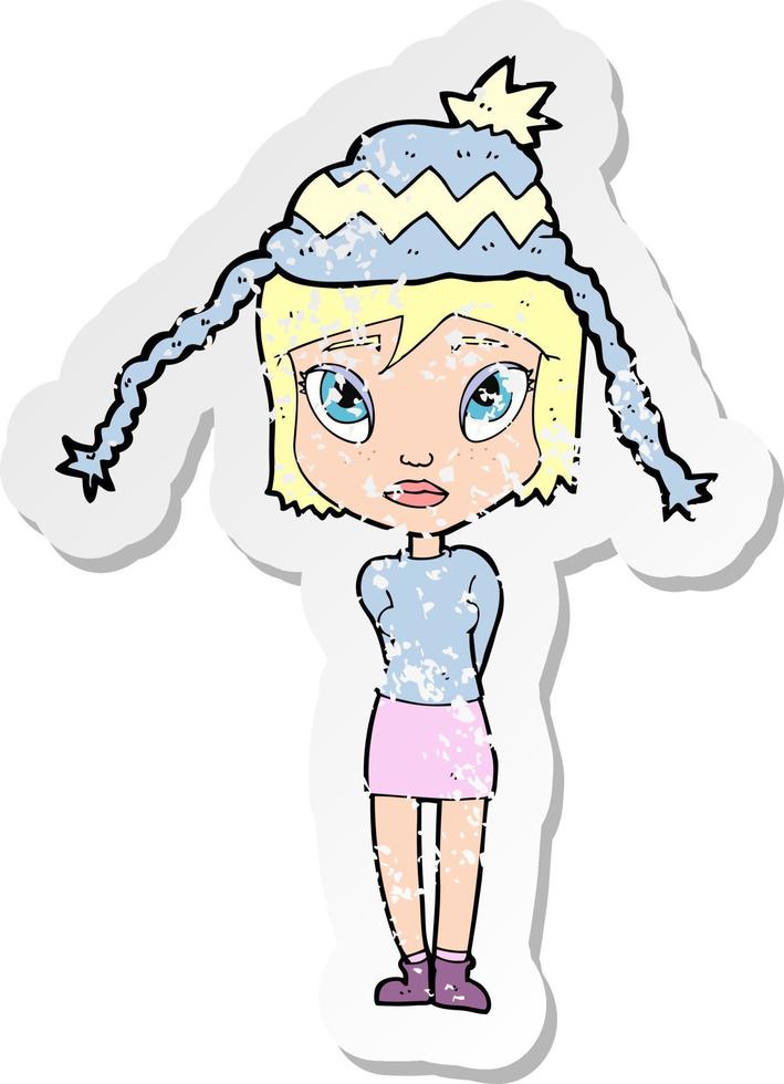 retro distressed sticker of a cartoon woman wearing winter hat vector