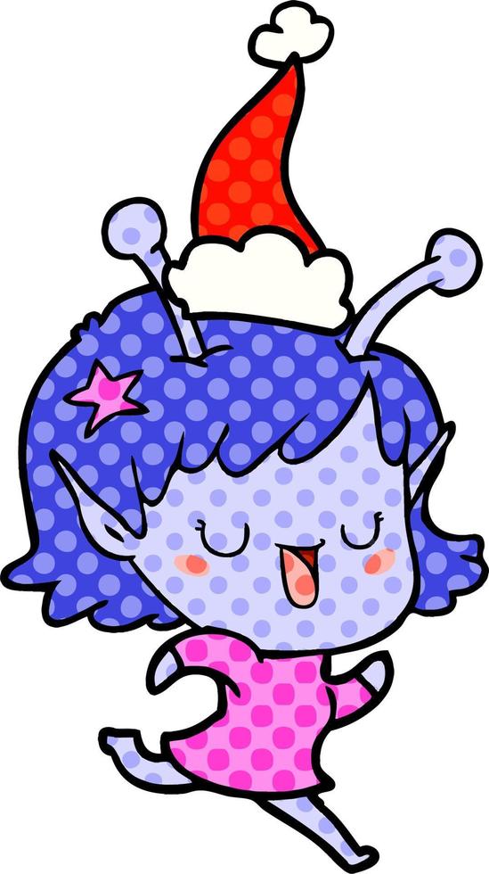 happy alien girl comic book style illustration of a wearing santa hat vector