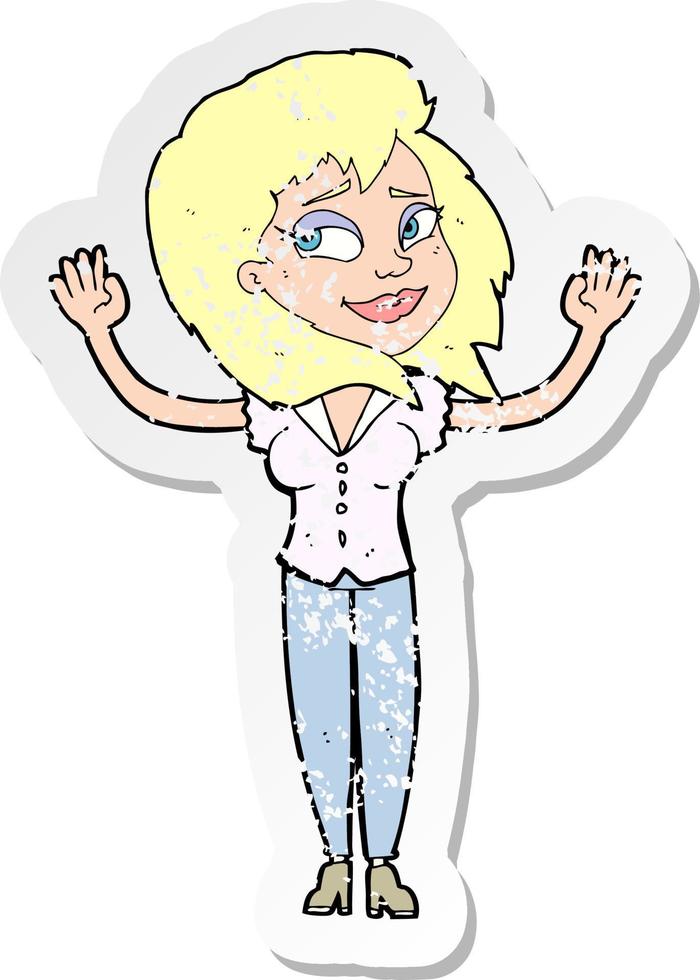 retro distressed sticker of a cartoon woman giving up vector