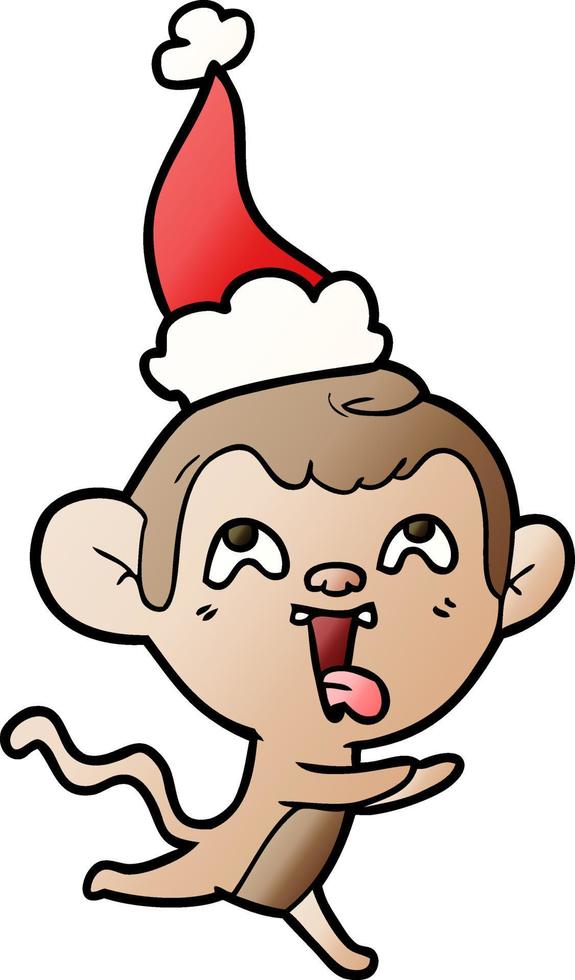 crazy gradient cartoon of a monkey running wearing santa hat vector