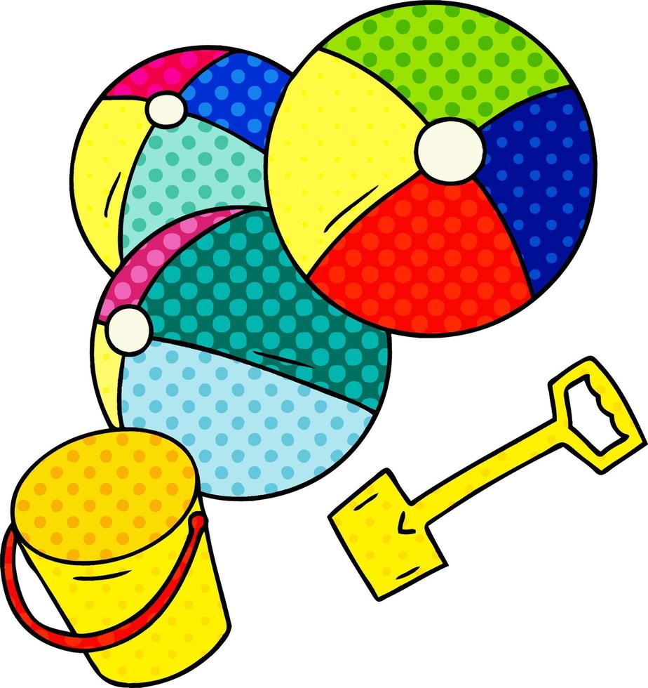 cartoon doodle beach balls with a bucket and spade vector