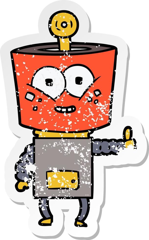 distressed sticker of a happy cartoon robot giving thumbs up vector