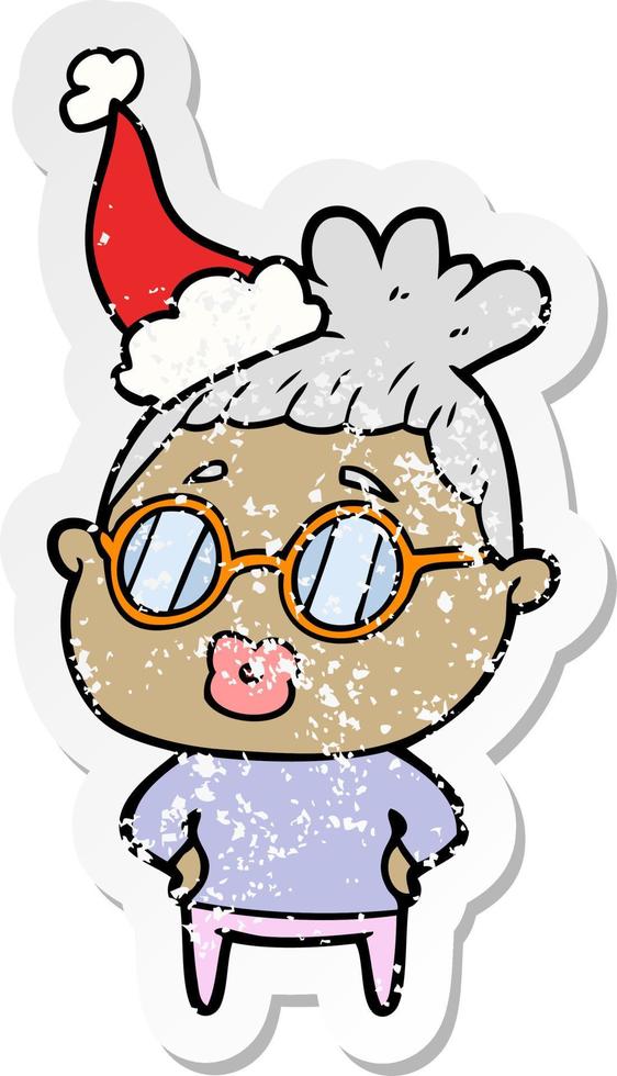 distressed sticker cartoon of a librarian woman wearing spectacles wearing santa hat vector