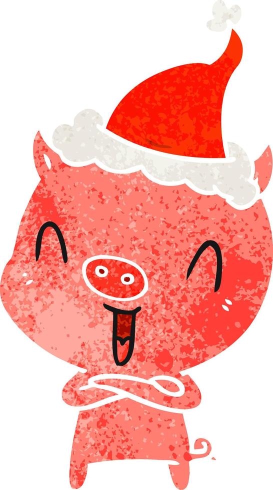 happy retro cartoon of a pig wearing santa hat vector