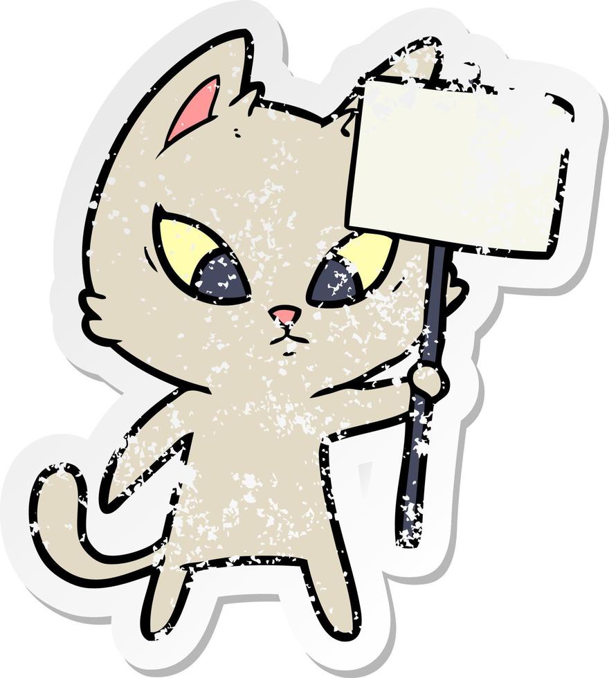 distressed sticker of a confused cartoon cat with protest sign vector