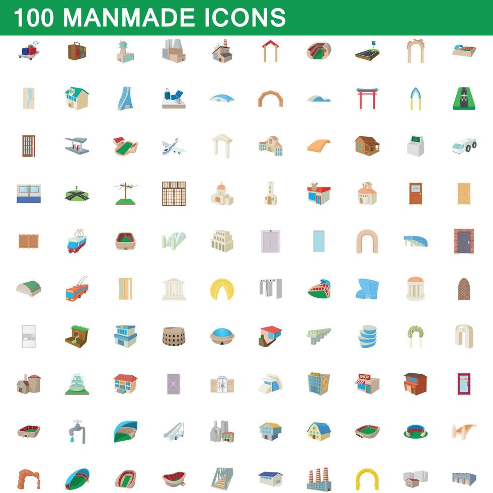 100 manmade icons set, cartoon style vector