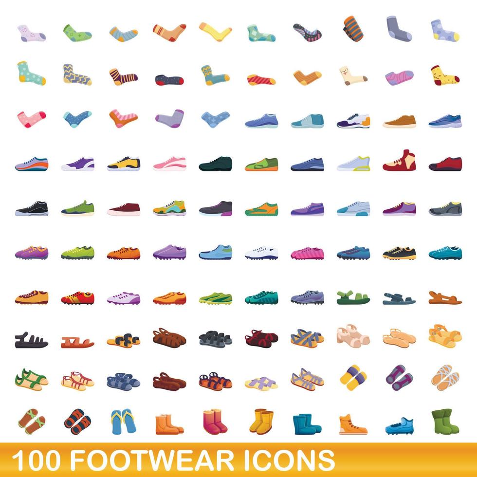 100 footwear icons set, cartoon style vector