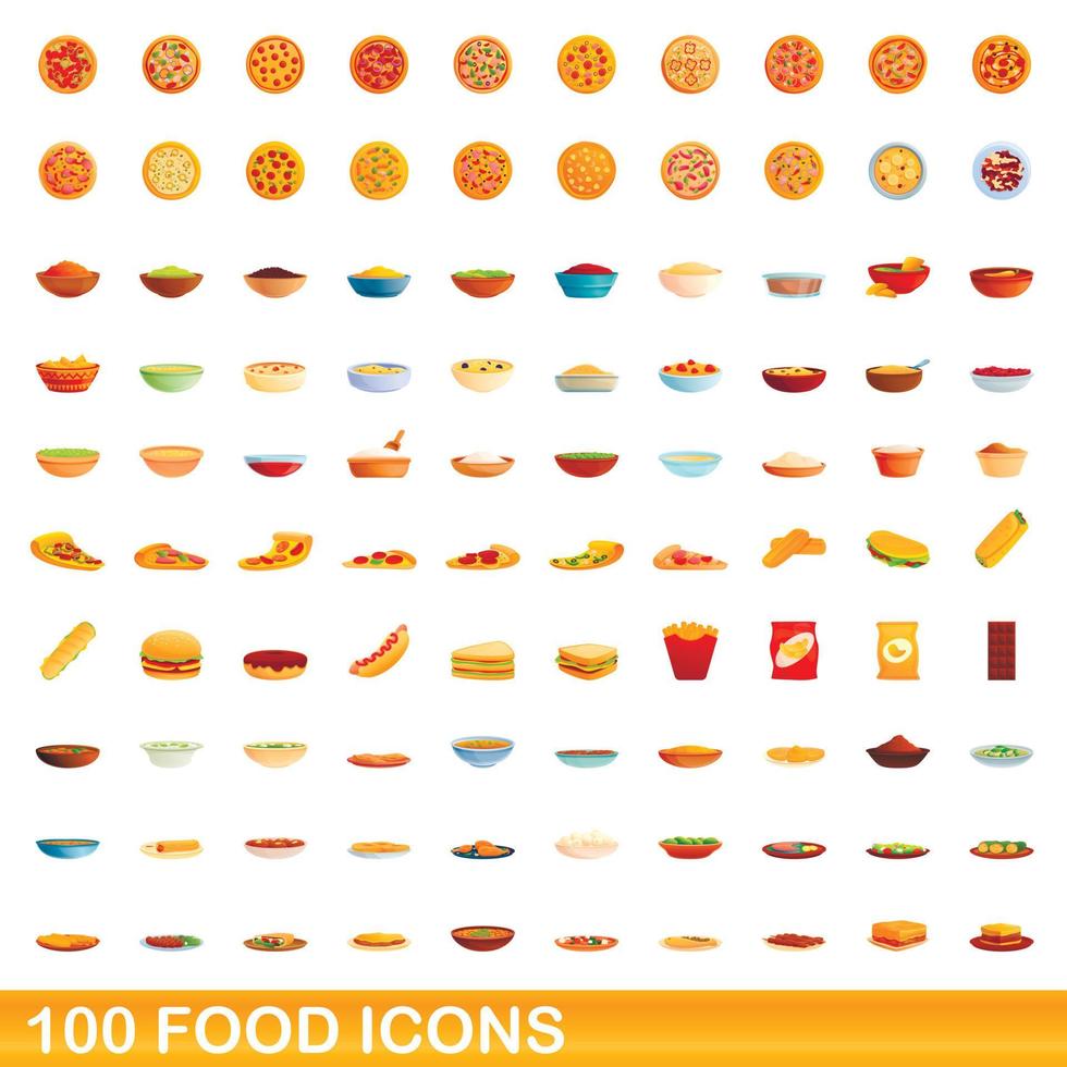 100 iconos de alimentos, estilo de dibujos animados vector