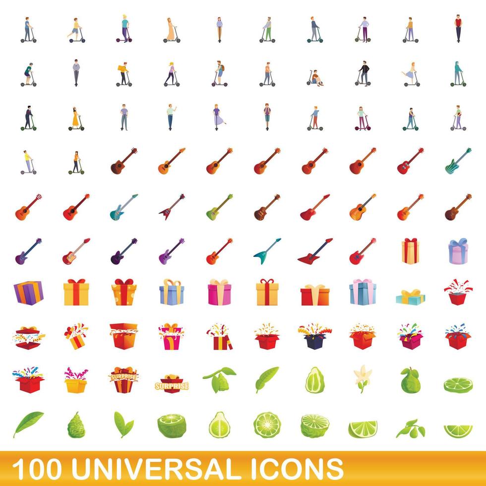 100 iconos universales, estilo de dibujos animados vector