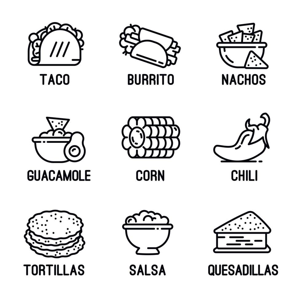 Mexican food icons set, outline style vector