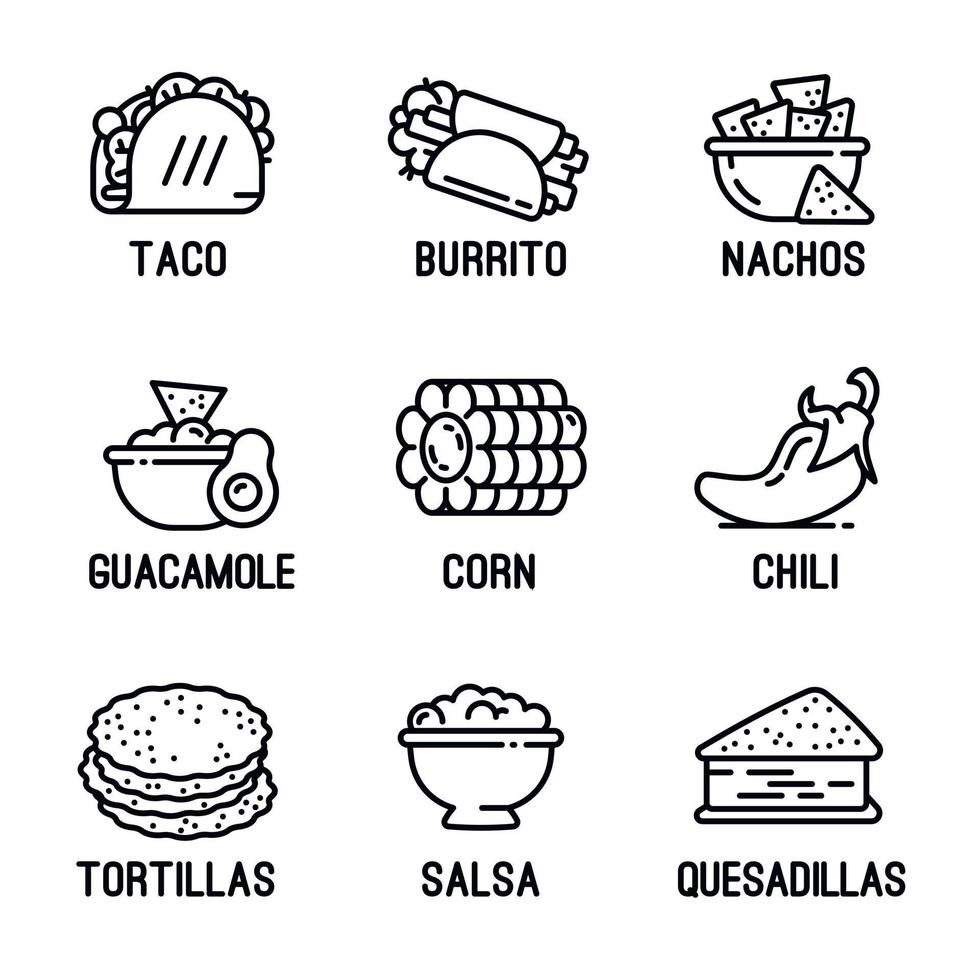 conjunto de iconos de comida mexicana, estilo de contorno vector