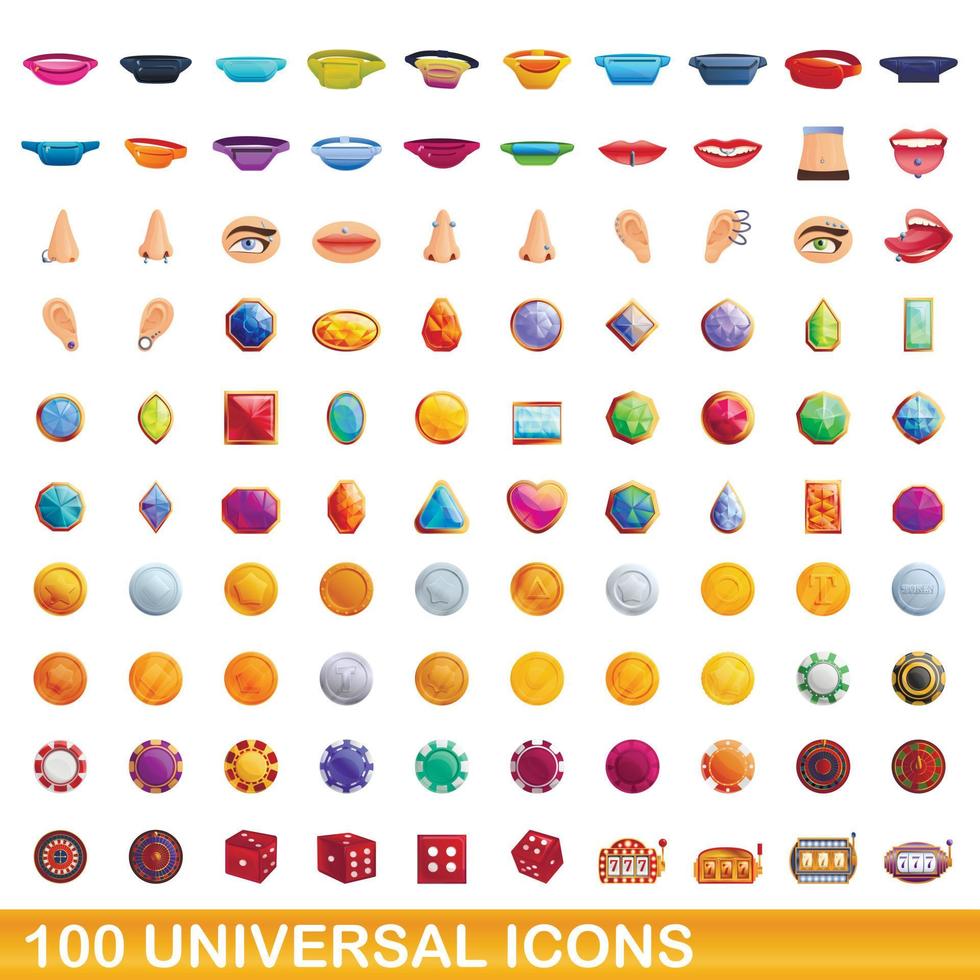 100 universal icons set, cartoon style vector