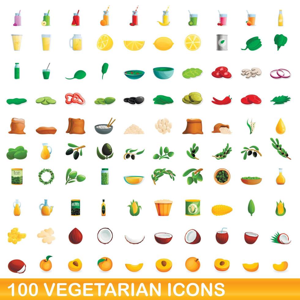 100 vegetarian icons set, cartoon style vector