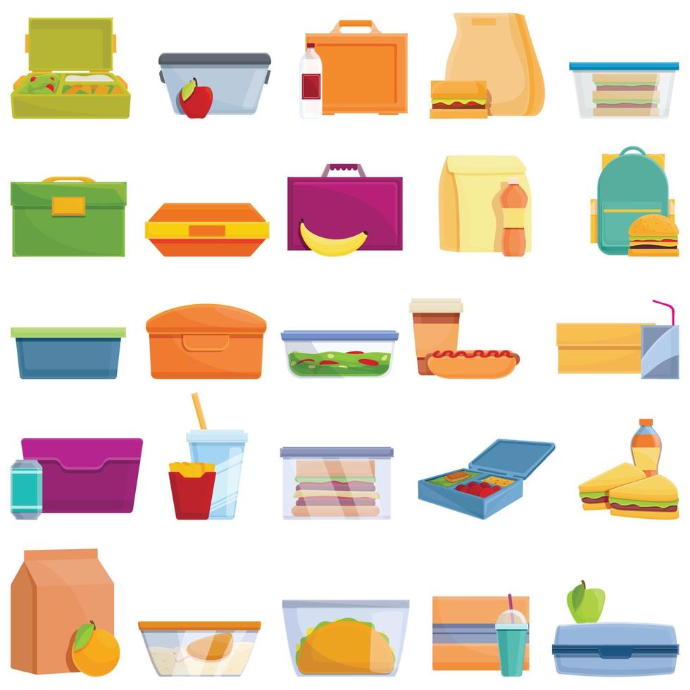 Lunch icons set, cartoon style vector