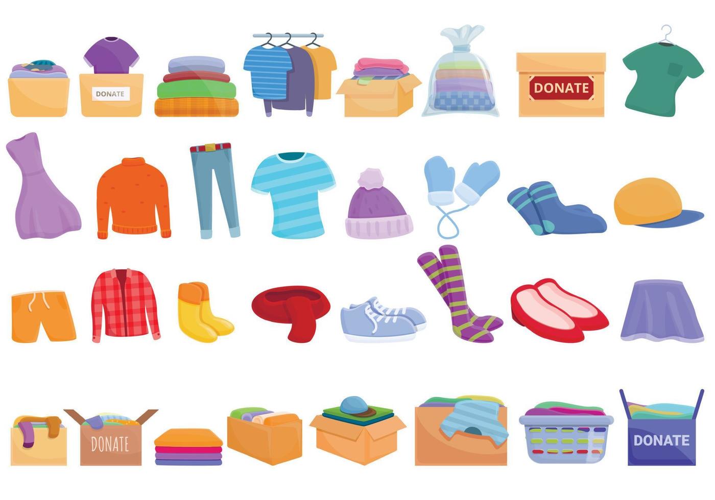 Clothes donation icons set, cartoon style vector