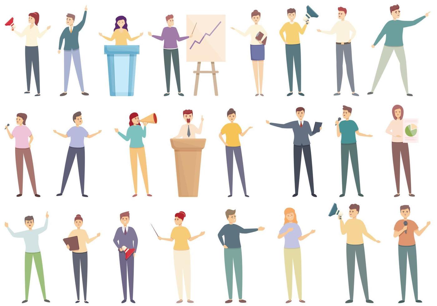 Motivational speaker icons set cartoon vector. Human discussion vector