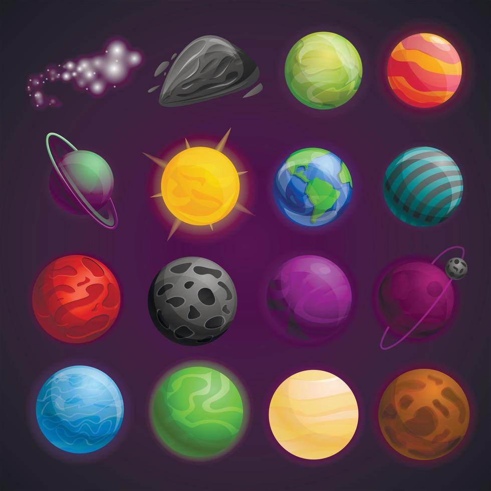 conjunto de iconos de espacio de planetas, estilo de dibujos animados vector