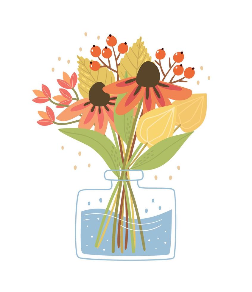 ramo de dibujos animados dibujados a mano con ramas de serbal y hojas en un jarrón. bonita ilustración floral para el día del maestro y otras vacaciones de otoño. diseño estacional con flores de otoño. vector
