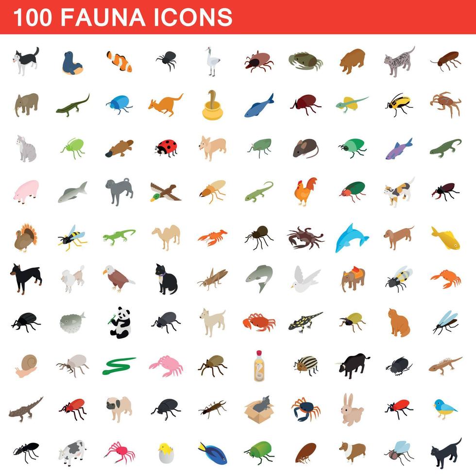 100 fauna icons set, isometric 3d style vector