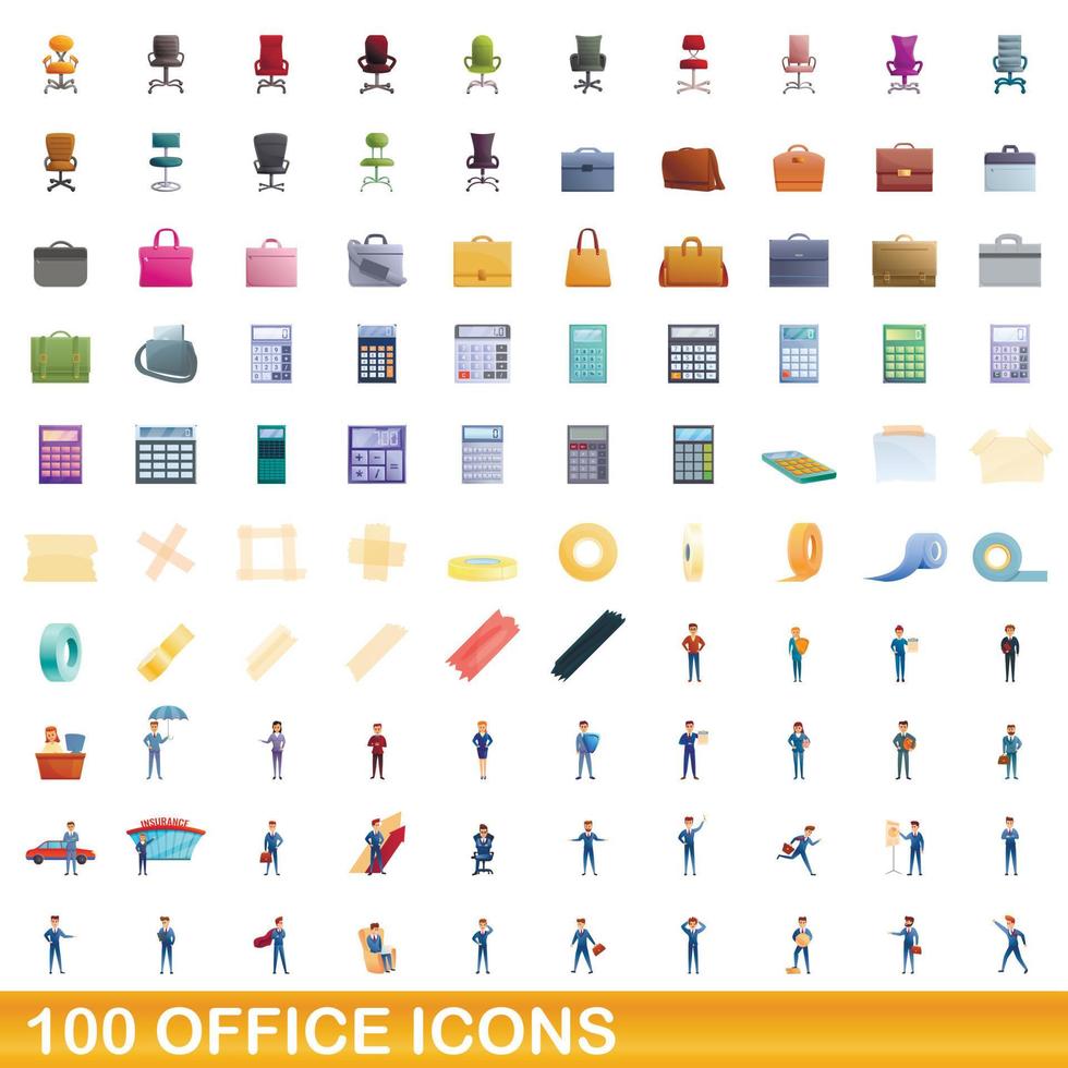 100 office icons set, cartoon style vector