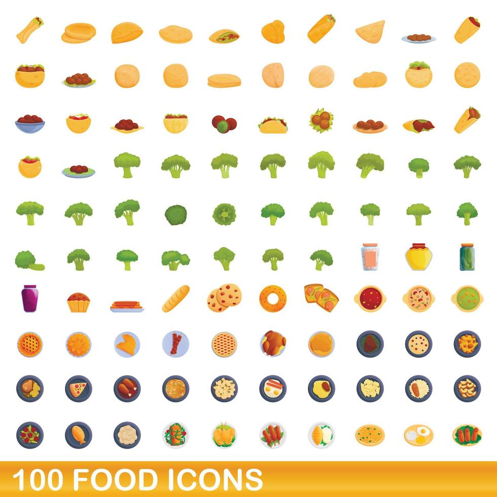 100 food icons set, cartoon style vector