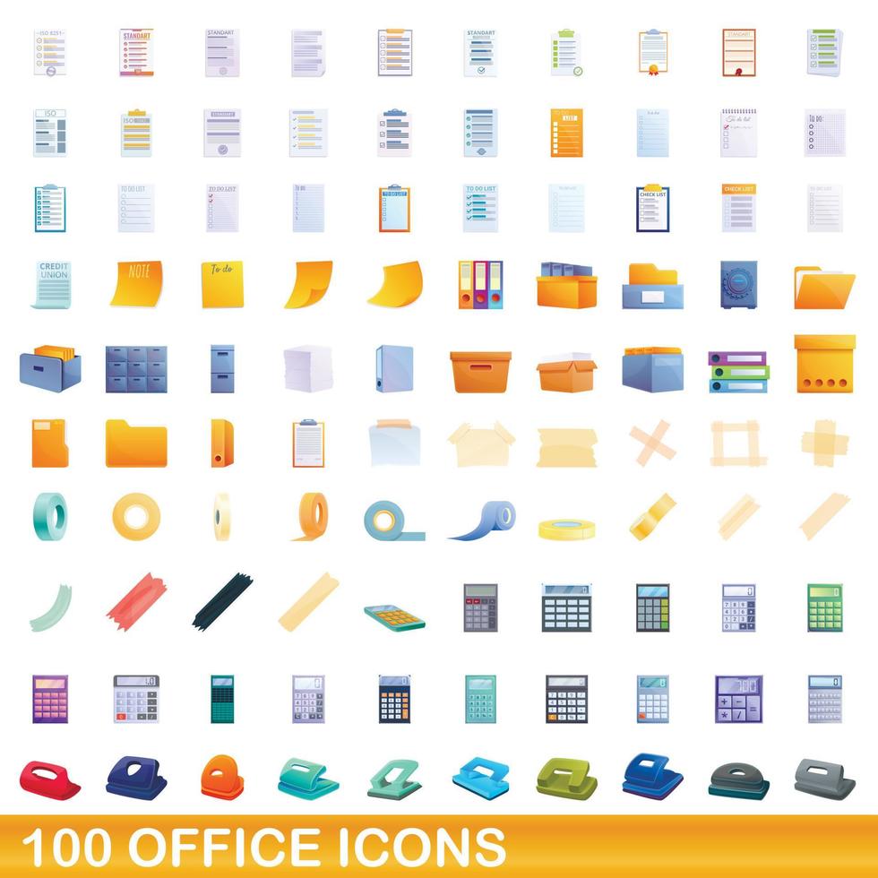 100 office icons set, cartoon style vector