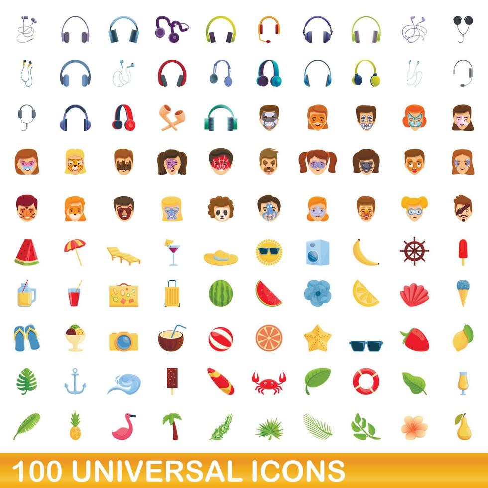 100 universal icons set, cartoon style vector