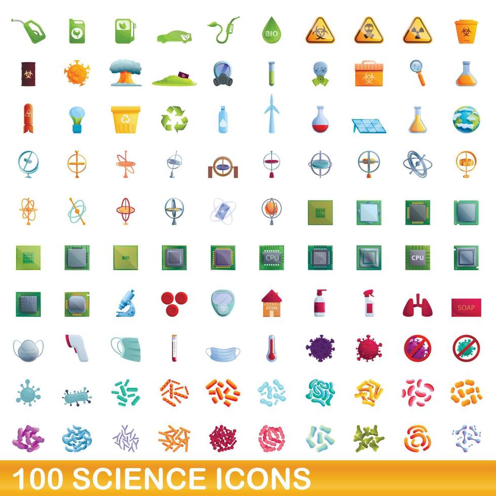 100 science icons set, cartoon style vector