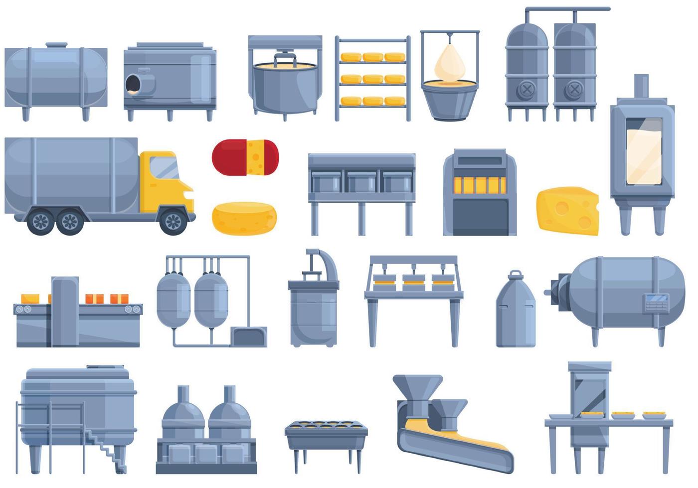 Cheese production icons set, cartoon style vector