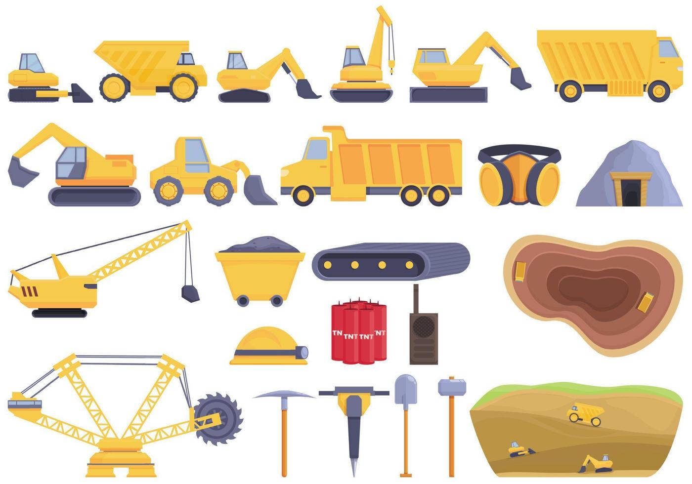 Quarry services icons set cartoon vector. Auto car vector