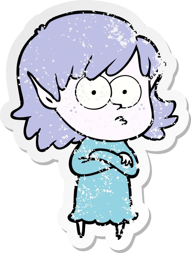 distressed sticker of a cartoon elf girl staring vector