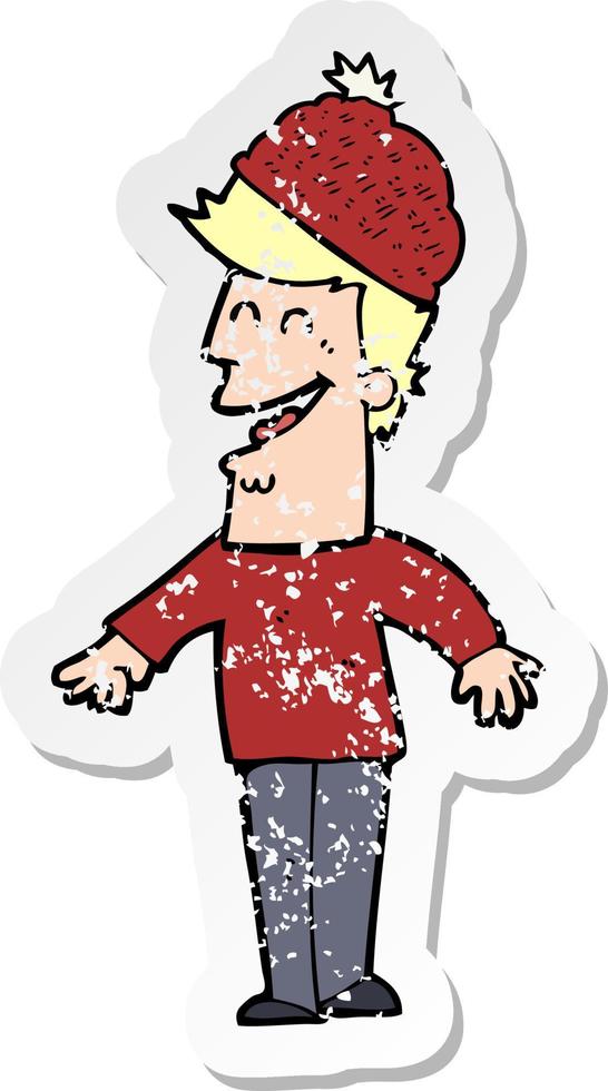 pegatina retro angustiada de un caricaturista con sombrero de invierno vector