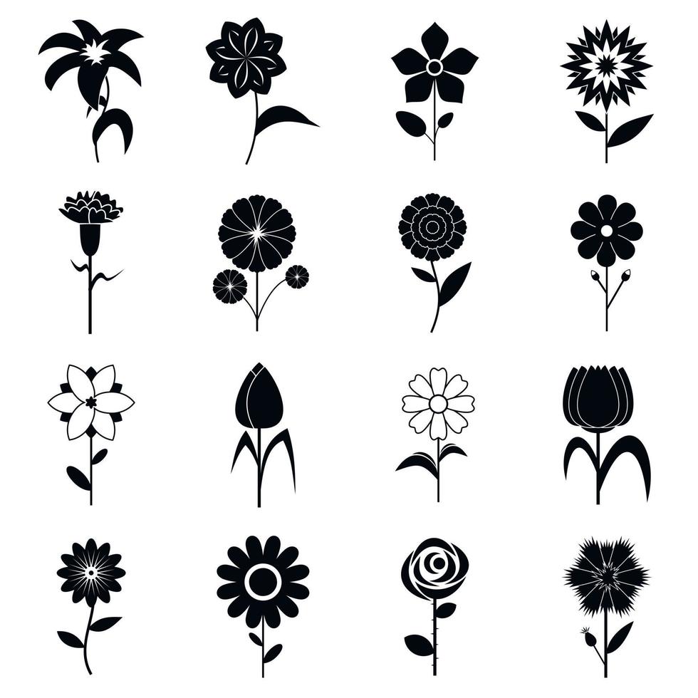 Flower icons set, black simple style vector