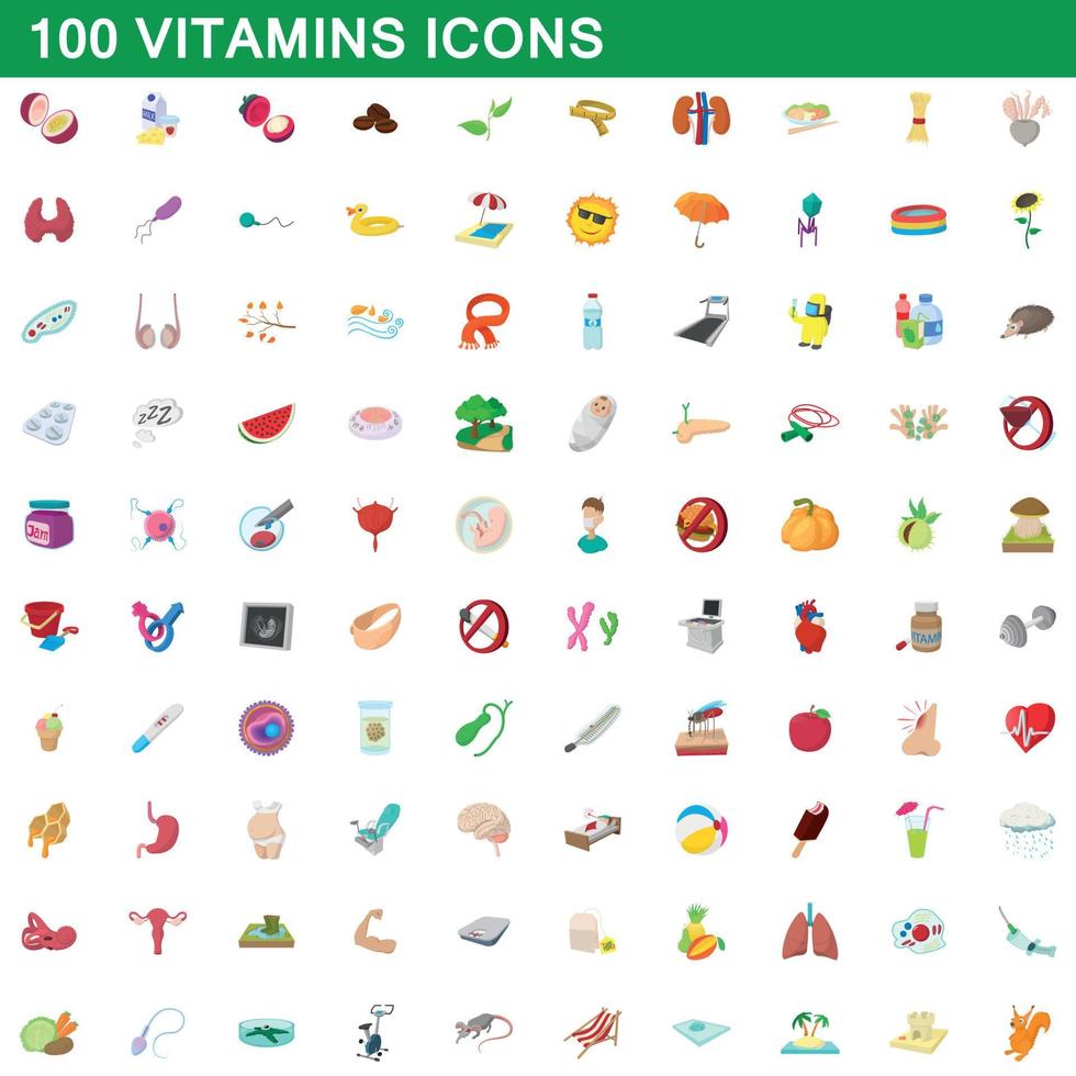 100 vitaminas, conjunto de iconos de estilo de dibujos animados vector