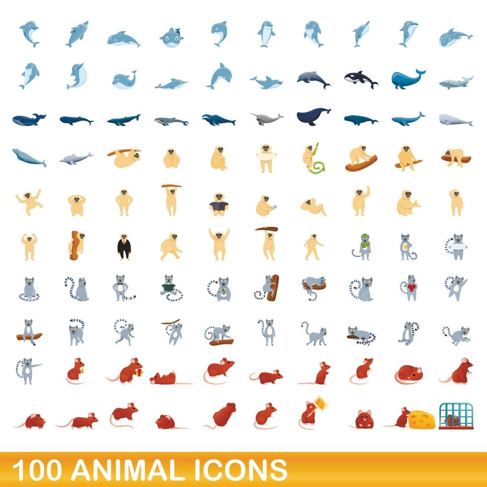 100 animal icons set, cartoon style vector