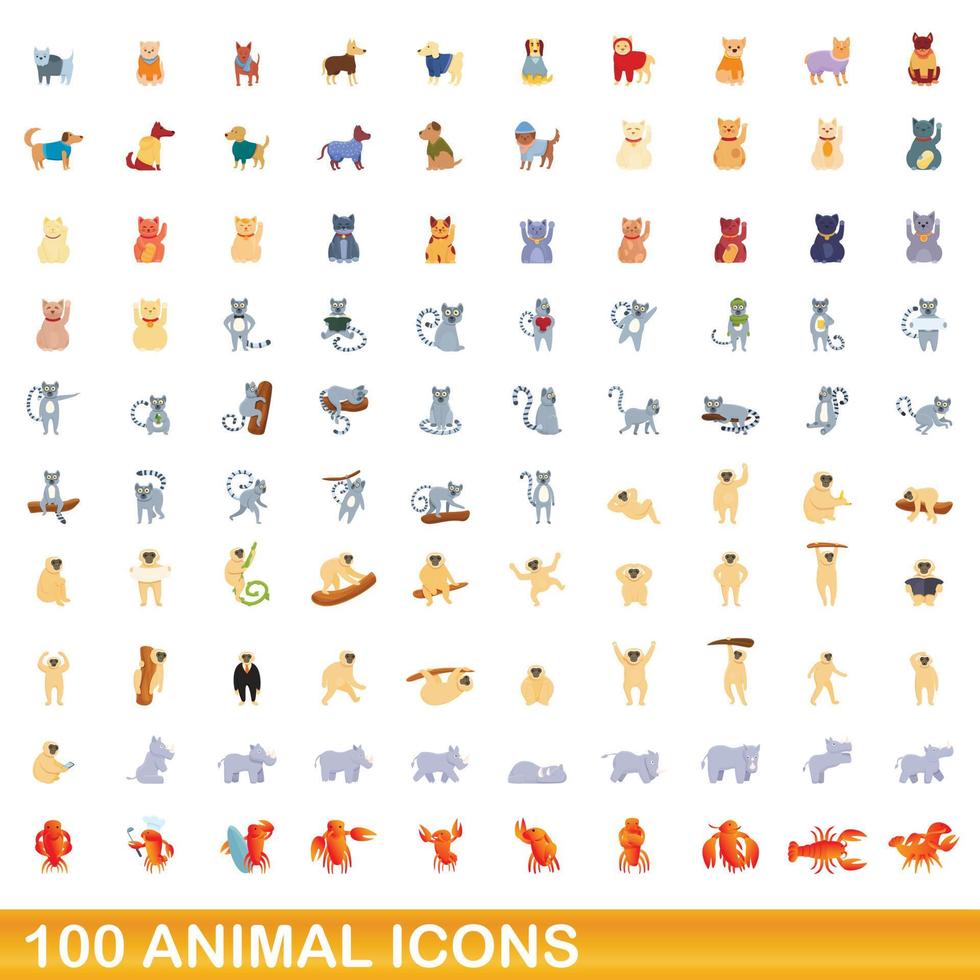 100 animales, conjunto de iconos de estilo de dibujos animados vector