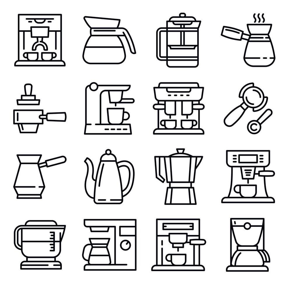 conjunto de iconos de cafetera, estilo de esquema vector