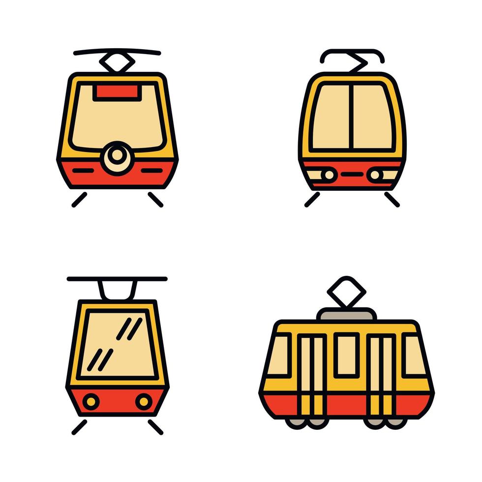 Tram car icons set, outline style vector