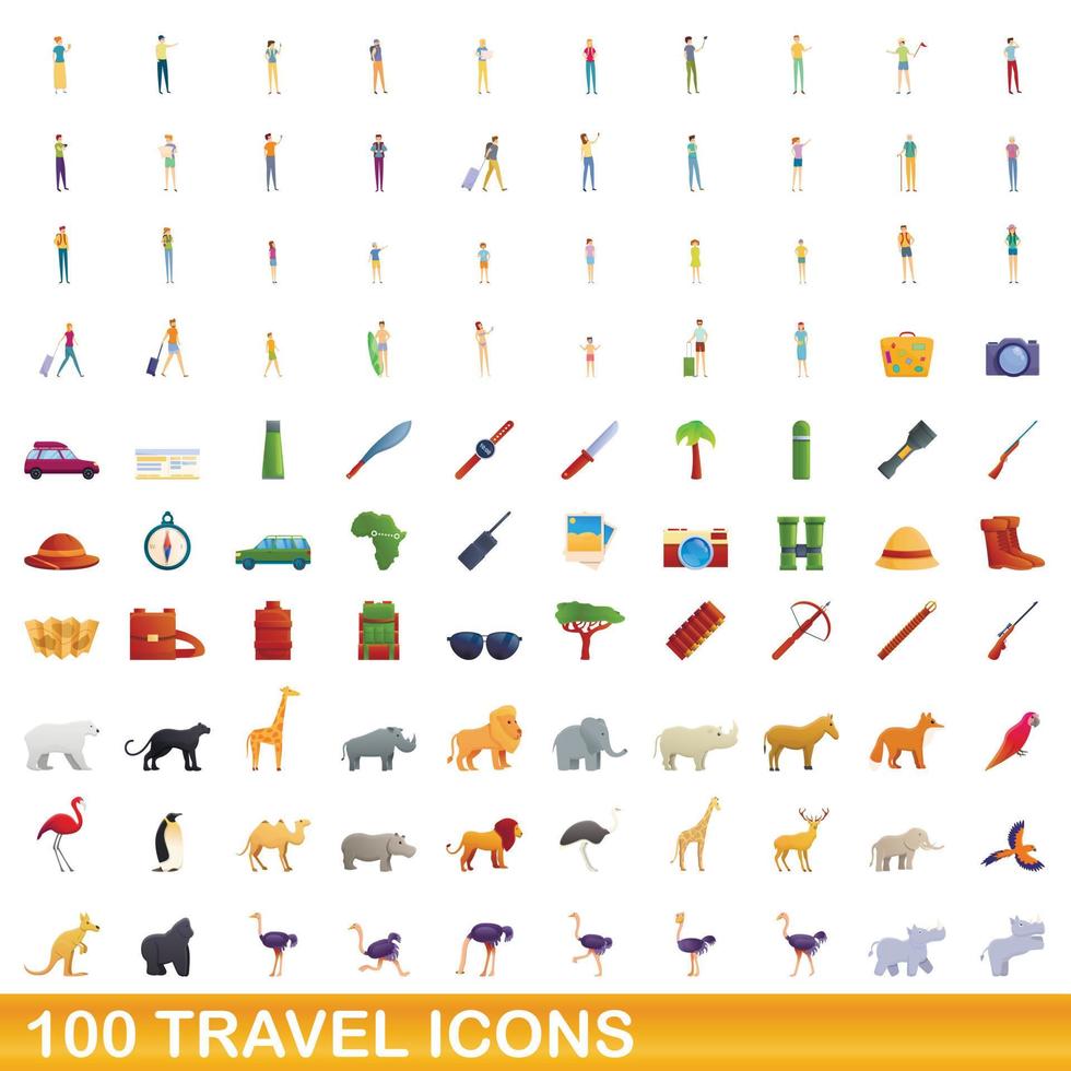 100 travel icons set, cartoon style vector