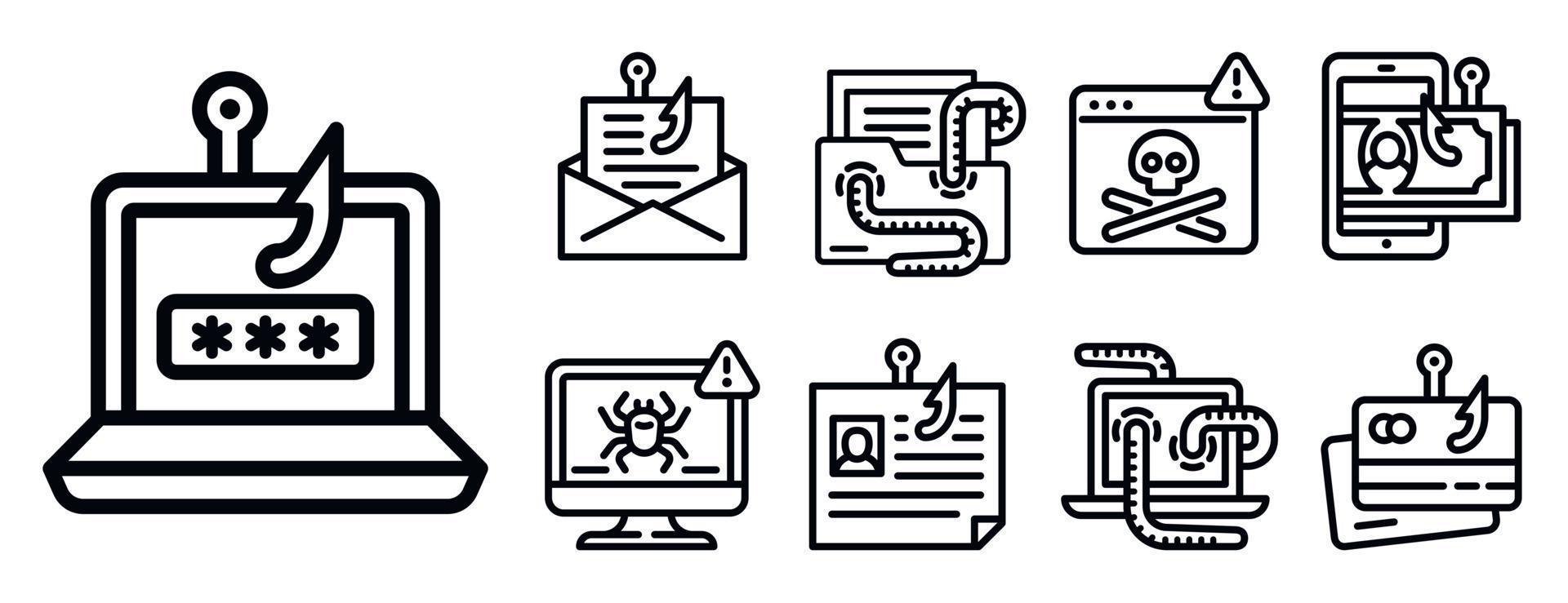 Phishing icon set, outline style vector