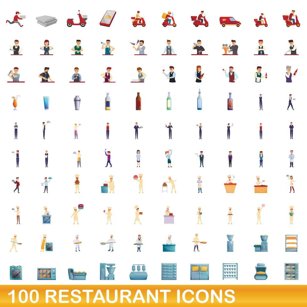 100 restaurant icons set, cartoon style vector