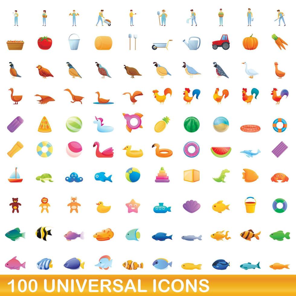 100 universal icons set, cartoon style vector